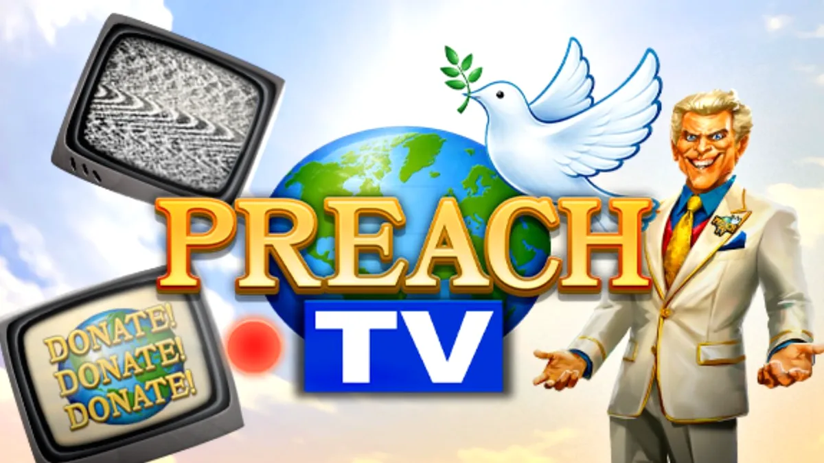 Tampilan visual slot Preach TV dengan tema studio televisi retro