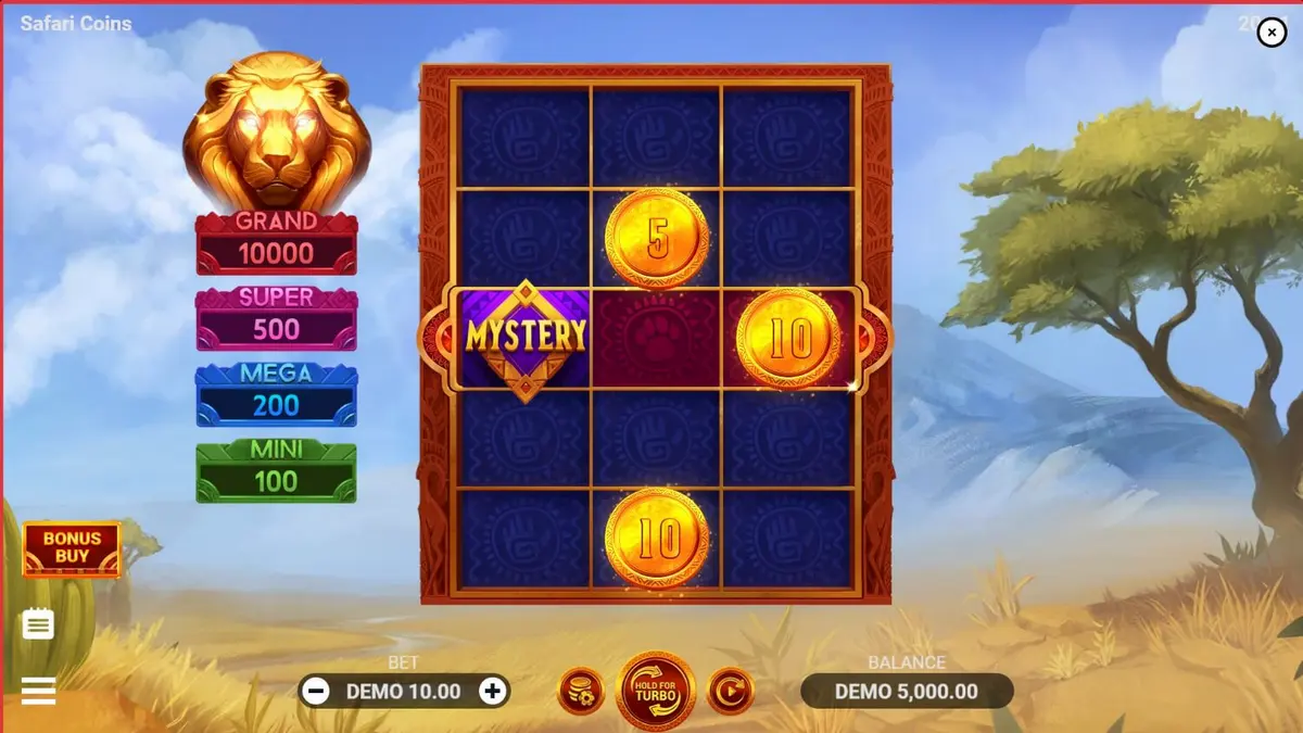 Pemandangan savana Afrika yang megah dengan simbol-simbol emas dalam slot Safari Coins.