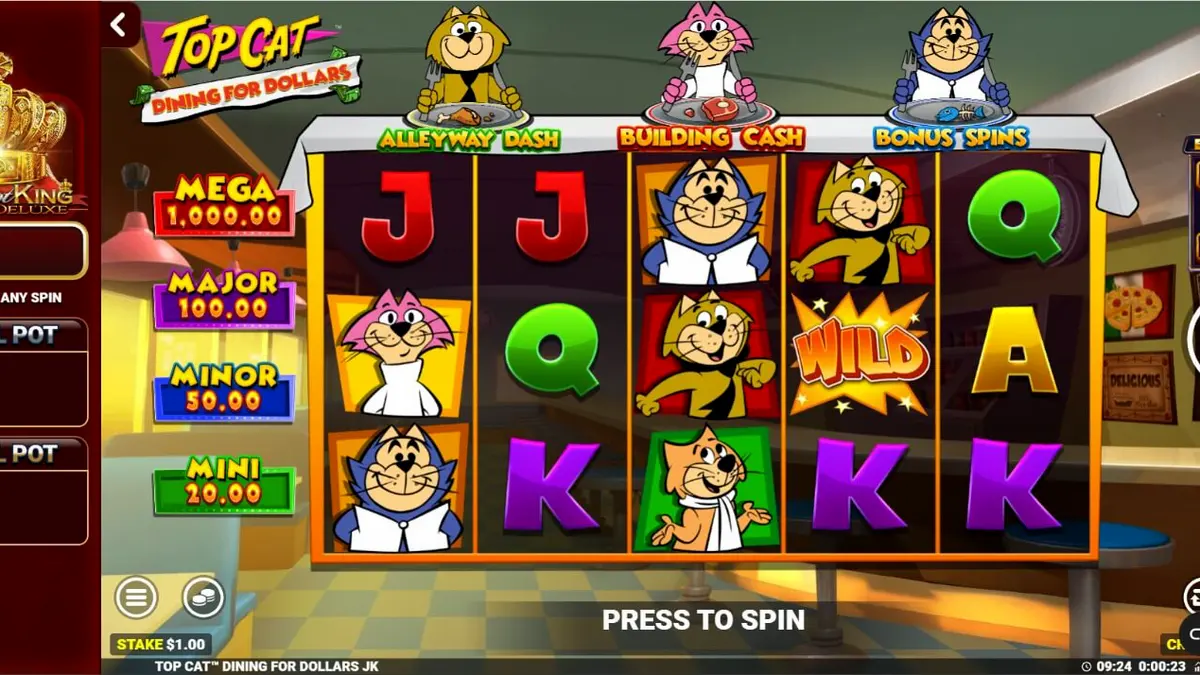 Top Cat Dining For Dollars slot machine interface featuring the alley cat crew
